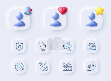 Illustration for 5g internet, Money tax and Chemistry lab line icons. Placeholder with 3d bell, star, heart. Pack of Reject protection, Petrol station, Security confirmed icon. Vector - Royalty Free Image