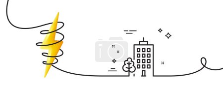 Téléchargez les illustrations : Bâtiments gratte-ciel ligne icône. Continu une ligne avec boucle. Architecture de la ville avec panneau d'arbre. Symbole de ville. Bâtiments gratte-ciel ruban contour unique. Courbe de boucle avec énergie. Vecteur - en licence libre de droit