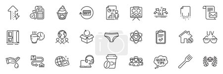 Illustration for Icons pack as Coffee break, Open door and Checklist line icons for app include Ole chant, Wash hands, Recovery file outline thin icon web set. Tracking parcel, Justice scales. Vector - Royalty Free Image