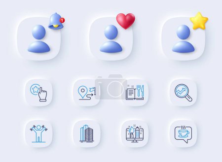 Illustration for Coffee, Skyscraper buildings and Rate button line icons. Placeholder with 3d bell, star, heart. Pack of Recipe book, Journey, Dumbbells workout icon. Creative design, Analytics pictogram. Vector - Royalty Free Image