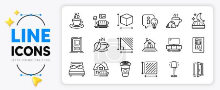 Illustration for Open door, Triangle area and Stand lamp line icons set for app include Takeaway coffee, Coffee vending, Pillows outline thin icon. Box size, Furniture, Terrace pictogram icon. Tea cup. Vector - Royalty Free Image