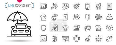 Illustration for Pack of Dao, Search files and Kpi line icons. Include Smartphone recovery, Cogwheel dividers, Recovery phone pictogram icons. Filter, Seo marketing, Star signs. Shield, Vip internet. Vector - Royalty Free Image