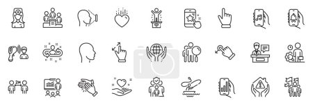 Illustration for Icons pack as Search people, Touchscreen gesture and Winner podium line icons for app include Hold heart, Organic tested, Electronic thermometer outline thin icon web set. Vector - Royalty Free Image