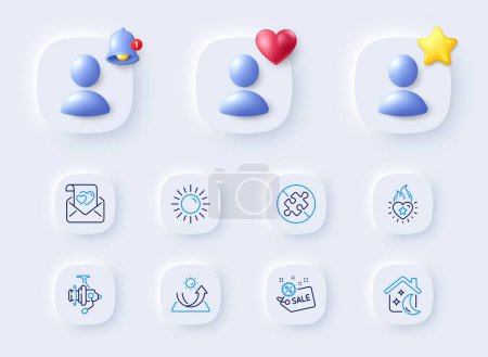 Illustration for Love letter, Sale and No puzzle line icons. Placeholder with 3d bell, star, heart. Pack of Heart flame, Sleep, Fishing reel icon. Sun, Sun protection pictogram. For web app, printing. Vector - Royalty Free Image