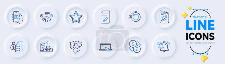 Illustration for Currency exchange, Electric bike and Swipe up line icons for web app. Pack of Fast recovery, Star, No internet pictogram icons. Recycle, Accounting wealth, Edit document signs. Locked appBell. Vector - Royalty Free Image