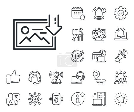 Illustration for Image thumbnail sign. Place location, technology and smart speaker outline icons. Download photo line icon. Picture placeholder symbol. Download photo line sign. Vector - Royalty Free Image