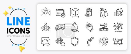 Illustration for Shield, Online question and Cogwheel settings line icons set for app include Fireworks, Happy emotion, Mute outline thin icon. Accounting, Night city, Pet tags pictogram icon. Car key. Vector - Royalty Free Image