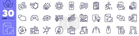 Illustration for Wholesale goods, Quick tips and Fingerprint line icons pack. Inspect, Time management, Execute web icon. Food app, Chemical formula, Shield pictogram. Swipe up, Gamepad, Phone image. Vector - Royalty Free Image