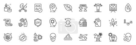 Illustration for Icons pack as Vaccination passport, Baby carriage and Psychology line icons for app include Uv protection, Sun protection, Bio shopping outline thin icon web set. Plants watering, Stress. Vector - Royalty Free Image