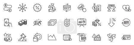Illustration for Icons pack as Finance, Difficult stress and Card line icons for app include Low percent, Volunteer, Accounting outline thin icon web set. Bitcoin mining, Presentation, Money transfer pictogram. Vector - Royalty Free Image