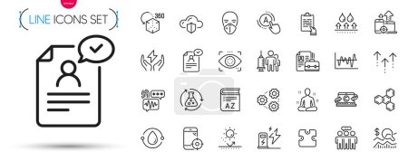 Illustration for Pack of Ab testing, Charging station and Resume document line icons. Include Waterproof, Vocabulary, Vacancy pictogram icons. Medical vaccination, Seo devices, Safe energy signs. Vector - Royalty Free Image