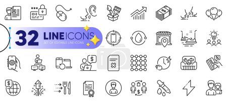 Illustration for Outline set of Lock, Computer mouse and Charging time line icons for web with App settings, Delete file, Talk thin icon. Recovery devices, Ice creams, Smartphone target pictogram icon. Vector - Royalty Free Image