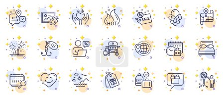 Illustration for Outline set of Journey, Calendar and Pillows line icons for web app. Include World travel, Fishing lure, Ice cream pictogram icons. Carry-on baggage, Puzzle image, Coupons signs. Vector - Royalty Free Image