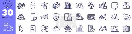 Illustration for Buildings, Car charging and Business meeting line icons pack. Skyscraper buildings, Creative idea, Search web icon. Skin care, Quick tips, Chemistry lab pictogram. Smartwatch, Volunteer. Vector - Royalty Free Image