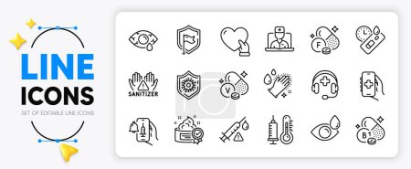 Illustration for Vanadium mineral, Covid test and Vaccine announcement line icons set for app include Thiamine vitamin, Health app, Eye drops outline thin icon. Clean hands, Shield. Yellow 3d stars with cursor. Vector - Royalty Free Image