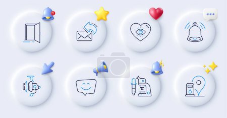 Illustration for Bell alert, Share mail and Open door line icons. Buttons with 3d bell, chat speech, cursor. Pack of Microscope, Meditation eye, Fishing reel icon. Smile chat, Petrol station pictogram. Vector - Royalty Free Image