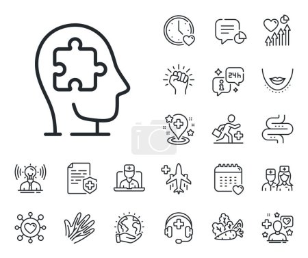 Illustration for Psychology therapy sign. Online doctor, patient and medicine outline icons. Mental conundrum line icon. Brain puzzle symbol. Mental conundrum line sign. Vector - Royalty Free Image