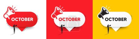 Illustration for October month icon. Speech bubble with megaphone and woman silhouette. Event schedule Oct date. Meeting appointment planner. October chat speech message. Woman with megaphone. Vector - Royalty Free Image