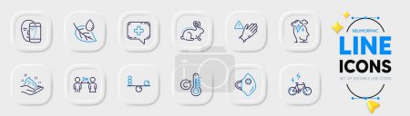 Illustration for Skin care, Balance and Medical chat line icons for web app. Pack of Medical mask, Use gloves, Face biometrics pictogram icons. Social distancing, Animal tested, Stress signs. E-bike. Vector - Royalty Free Image