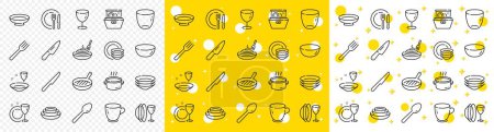 Ilustración de Plato de platos, tazón de comida y utensilios de cocina. Iconos de línea de vajilla. Tenedor, cuchara y cuchillo cubiertos iconos de línea. Parrilla, lavavajillas y plato con pasta. Placa de comida, vaso y taza de té. Vector - Imagen libre de derechos