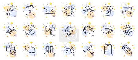 Illustration for Outline set of Flammable fuel, Messenger and New message line icons for web app. Include Group people, Global business, Outsource work pictogram icons. Chemistry beaker, T-shirt design. Vector - Royalty Free Image