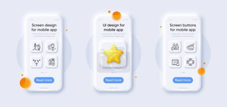 Illustration for Notification, Genders and Co2 line icons pack. 3d phone mockups with star. Glass smartphone screen. Search employee, Family questions, Brand web icon. Game console, Launch project pictogram. Vector - Royalty Free Image