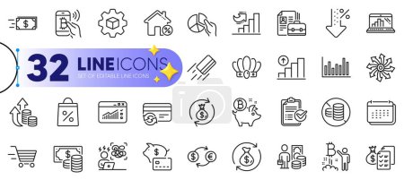 Illustration for Outline set of No cash, Vacancy and Money transfer line icons for web with Low percent, Currency exchange, Graph laptop thin icon. Growth chart, Change money, Coins banknote pictogram icon. Vector - Royalty Free Image