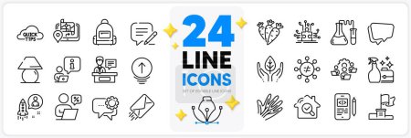 Illustration for Icons set of Gps, Inspect and Write line icons pack for app with E-mail, Speech bubble, Chemistry lab thin outline icon. Fair trade, Table lamp, Cleanser spray pictogram. Veins. Vector - Royalty Free Image