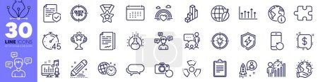 Illustration for Conversation messages, Victory and Podcast line icons pack. Environment day, People chatting, Tips web icon. Payment message, Lgbt, Chemistry experiment pictogram. Puzzle, Certificate, Idea. Vector - Royalty Free Image
