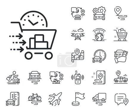 Illustration for Order cart sign. Plane, supply chain and place location outline icons. Food delivery line icon. Catering service symbol. Food delivery line sign. Taxi transport, rent a bike icon. Travel map. Vector - Royalty Free Image