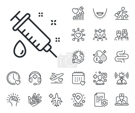 Illustration for Medicine vaccine sign. Online doctor, patient and medicine outline icons. Medical syringe line icon. Pharmacy medication symbol. Medical syringe line sign. Vector - Royalty Free Image