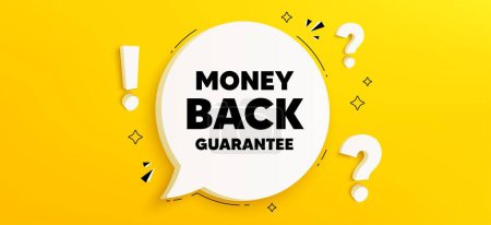 Illustration for Money back guarantee tag. Chat speech bubble banner with questions. Promo offer sign. Advertising promotion symbol. Money back guarantee speech bubble message. Quiz chat box. Vector - Royalty Free Image
