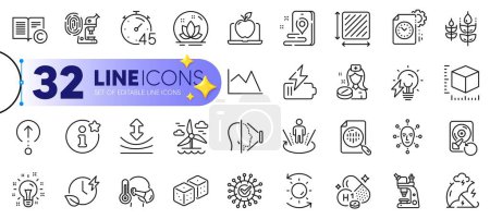 Illustration for Outline set of Gluten free, Coronavirus and Package size line icons for web with Resilience, Sick man, Sun protection thin icon. Microscope, Square area, Place pictogram icon. Vitamin h1. Vector - Royalty Free Image