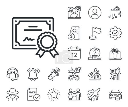 Illustration for Certified document sign. Salaryman, gender equality and alert bell outline icons. Certificate line icon. Medal or stamp symbol. Certificate line sign. Spy or profile placeholder icon. Vector - Royalty Free Image