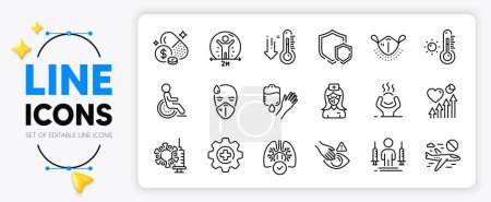 Illustration for Heart beat, Dont touch and Weather thermometer line icons set for app include Lungs, Medical mask, Low thermometer outline thin icon. Medicine, Sick man, Disability pictogram icon. Vector - Royalty Free Image