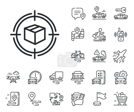 Illustration for Delivery monitoring sign. Plane, supply chain and place location outline icons. Parcel tracking line icon. Shipping box in target symbol. Parcel tracking line sign. Vector - Royalty Free Image