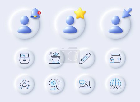 Illustration for Search statistics, Global business and Grocery basket line icons. Placeholder with 3d cursor, bell, star. Pack of Dishwasher, Chemistry molecule, Friends chat icon. Lock, Pencil pictogram. Vector - Royalty Free Image