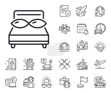 Illustration for Night sleep rest sign. Plane jet, travel map and baggage claim outline icons. Bed pillows line icon. Comfort bedtime symbol. Pillows line sign. Car rental, taxi transport icon. Place location. Vector - Royalty Free Image