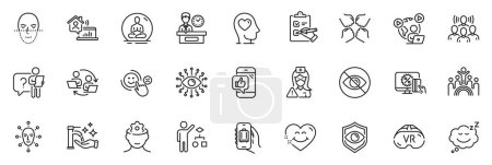Illustration for Icons pack as Eye detect, Vr and Search employee line icons for app include Washing hands, Mental health, Artificial intelligence outline thin icon web set. Not looking, Squad. Vector - Royalty Free Image