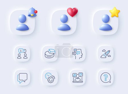Illustration for Startup rocket, Question mark and Talk bubble line icons. Placeholder with 3d bell, star, heart. Pack of Social media, Time management, Pie chart icon. Interview, Messages pictogram. Vector - Royalty Free Image