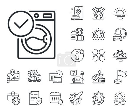 Illustration for Wash laundry sign. Plane jet, travel map and baggage claim outline icons. Washing machine line icon. Washable cleaner symbol. Washing machine line sign. Car rental, taxi transport icon. Vector - Royalty Free Image