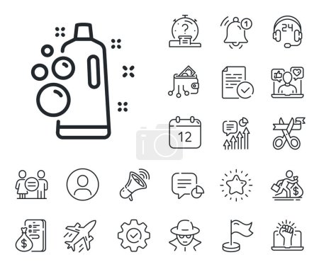 Illustration for Laundry shampoo sign. Salaryman, gender equality and alert bell outline icons. Clean bubbles line icon. Clothing cleaner symbol. Clean bubbles line sign. Spy or profile placeholder icon. Vector - Royalty Free Image