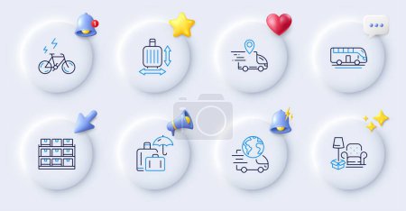 Illustration for E-bike, Baggage size and Storage line icons. Buttons with 3d bell, chat speech, cursor. Pack of Delivery truck, Bus tour, Packing things icon. Luggage insurance, Delivery service pictogram. Vector - Royalty Free Image