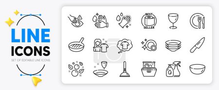 Illustration for Cleaning liquids, Dish and Clean dishes line icons set for app include Bowl dish, Dont touch, T-shirt outline thin icon. Dishwasher, Grill pan, Glass pictogram icon. Clean bubbles. Vector - Royalty Free Image