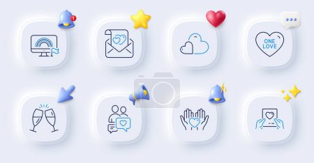 Illustration for Lgbt, Hold heart and Love mail line icons. Buttons with 3d bell, chat speech, cursor. Pack of Dating chat, Love letter, Care icon. Champagne glasses pictogram. For web app, printing. Vector - Royalty Free Image