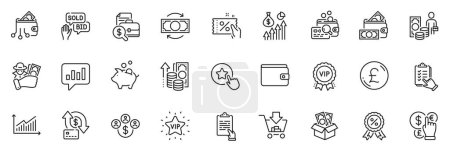 Illustration for Icons pack as Vip star, Clipboard and Bid offer line icons for app include Inspect, Change money, Buying currency outline thin icon web set. Fraud, Money profit, Vip award pictogram. Vector - Royalty Free Image