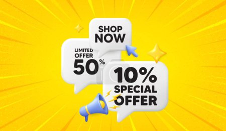 Illustration for 10 percent discount offer tag. 3d offer chat speech bubbles. Sale price promo sign. Special offer symbol. Discount speech bubble 3d message. Talk box megaphone banner. Vector - Royalty Free Image