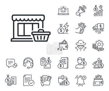 Illustration for Shopping store sign. Cash money, loan and mortgage outline icons. Marketplace line icon. Customer cart symbol. Marketplace line sign. Credit card, crypto wallet icon. Inflation, job salary. Vector - Royalty Free Image