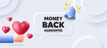 Illustration for Money back guarantee tag. Neumorphic background with speech bubble. Promo offer sign. Advertising promotion symbol. Money back guarantee speech message. Banner with 3d hearts. Vector - Royalty Free Image