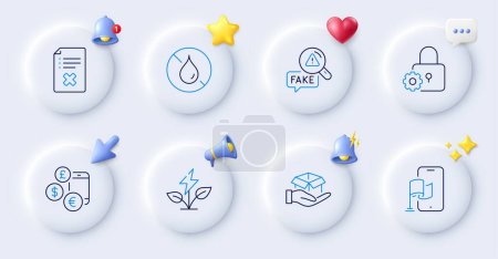 Illustration for Reject file, No waterproof and Location app line icons. Buttons with 3d bell, chat speech, cursor. Pack of Eco power, Fake news, Currency rate icon. Hold box, Lock pictogram. Vector - Royalty Free Image